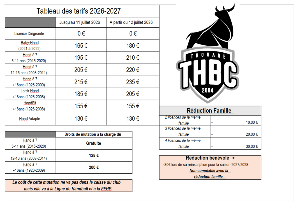 tableau des tarifs 2026-2027